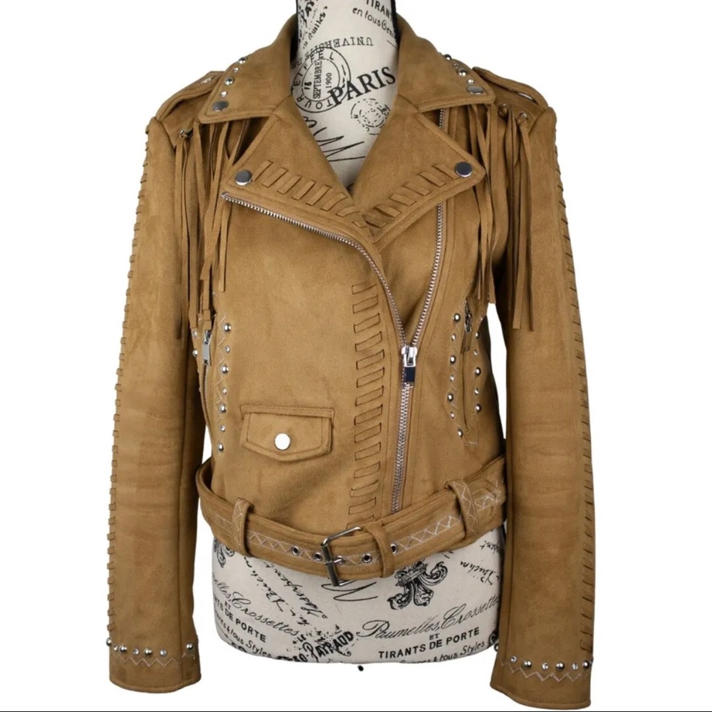 Zara S Studded Fringe Suede Biker Jacket Belt moto Camel tan